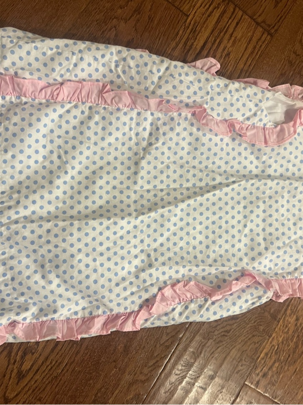 Girls' White & Light Blue Polka Dot Casual Dress with Pink Ruffle Trim